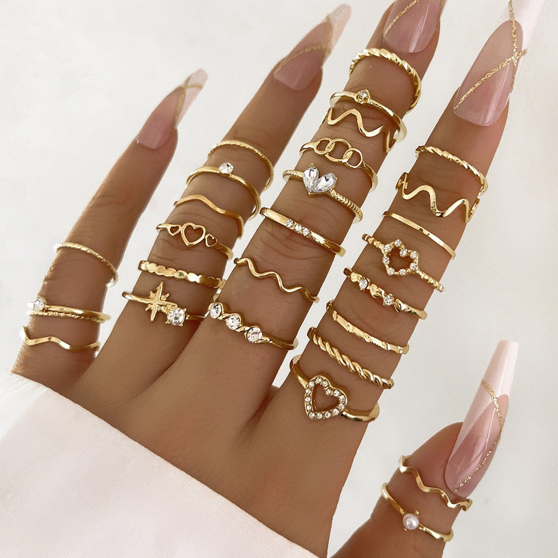 Simple Rhinestone Love Wave Ring 28-piece Set - Norellé