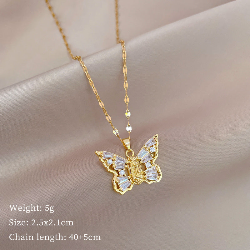 Titanium Steel Micro-inlaid Portrait Butterfly Zircon Necklace - Norellé