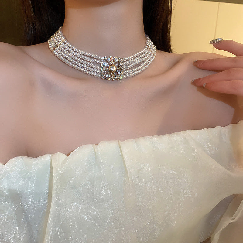 South Korea Diamond Studded Hollow Pearl Multi-layer Necklace Temperament - Norellé