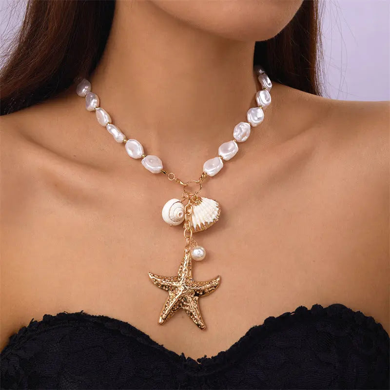 Summer Retro Vacation Style Beach Shell Artificial Pearl Conch Multi-layer Women's Necklace - Norellé