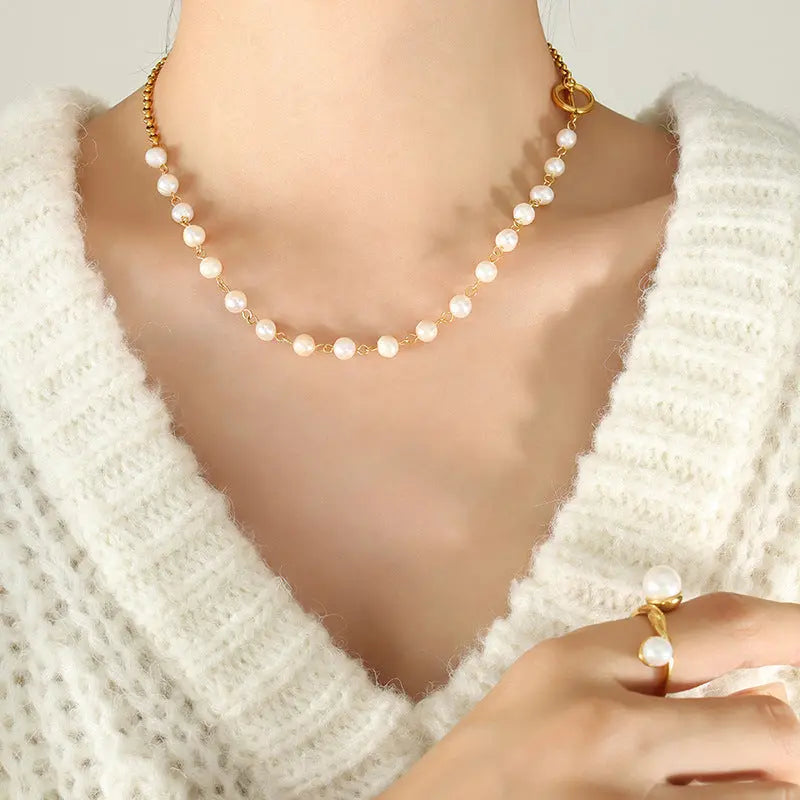 Retro Affordable Luxury Freshwater Pearl OT Buckle Bracelet Necklace - Norellé