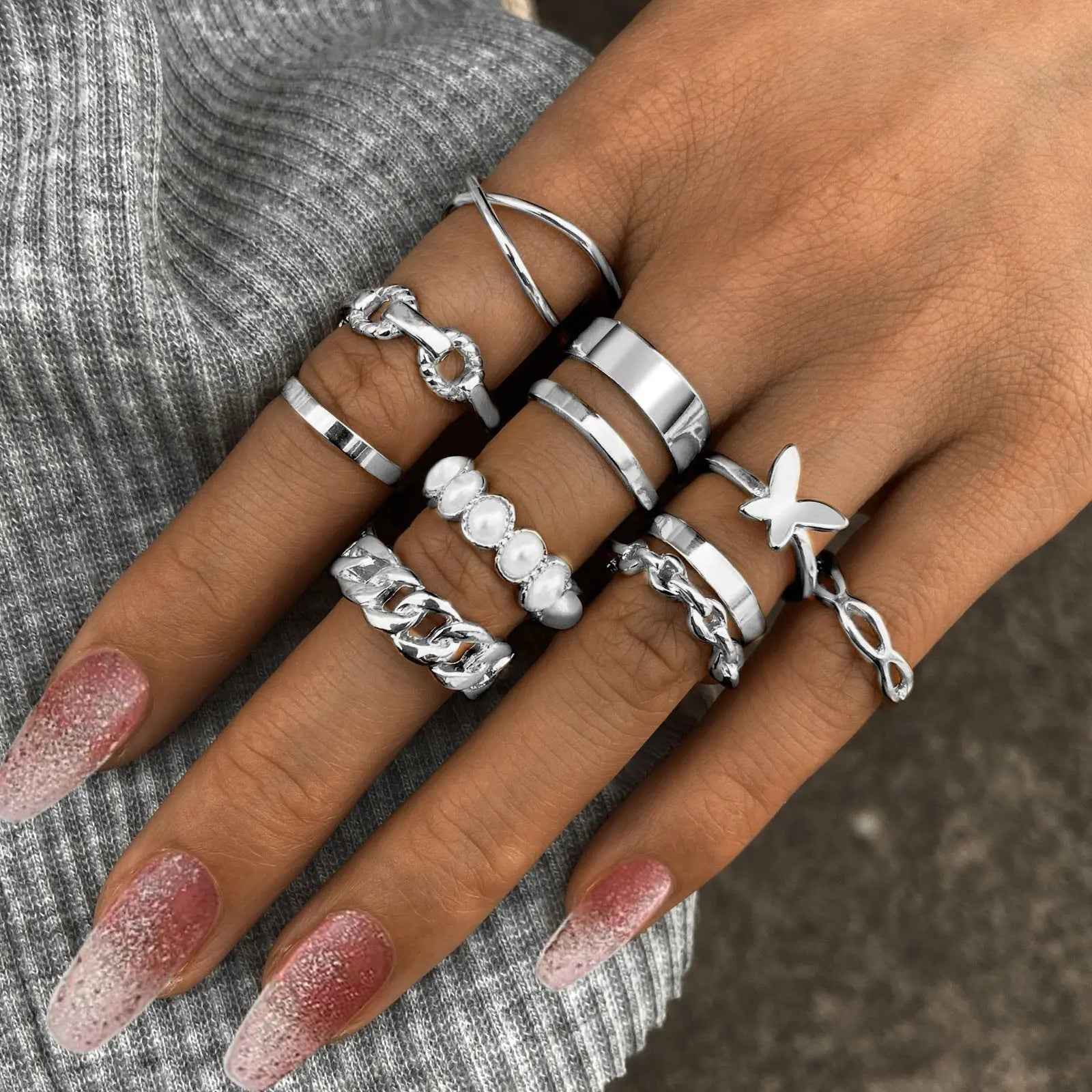 Retro  Pearl Knuckle Ring Butterfly Ring Suit 10-piece Set - Norellé