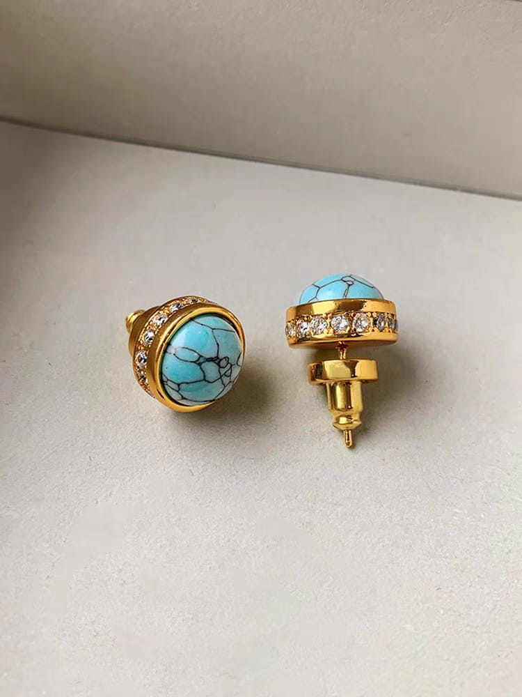 Natural Stone Stud Earrings Round Diamond Gold-plated
