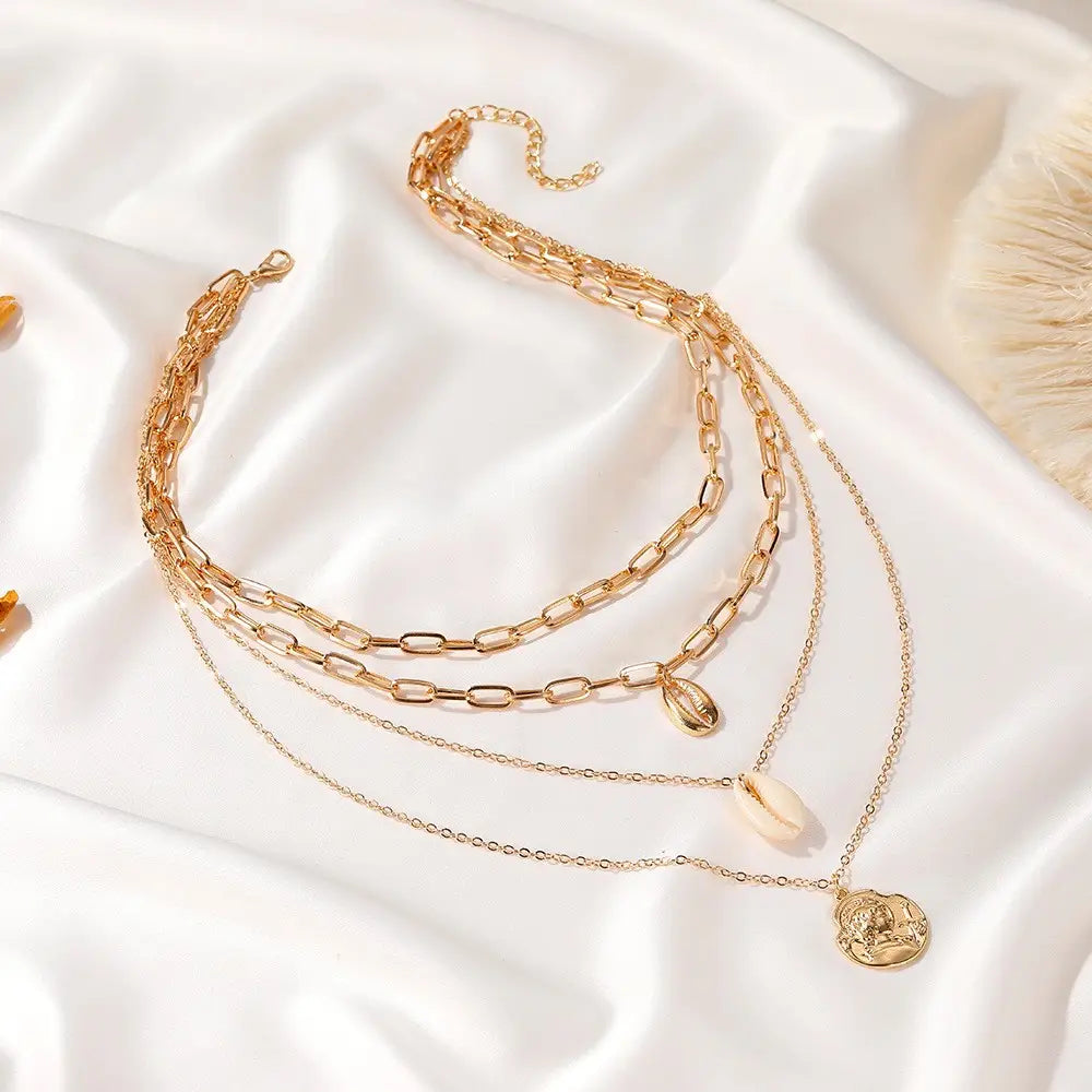 Women’s All-match Simple Shell Pendant Hollow Portrait Multi-layer Necklace