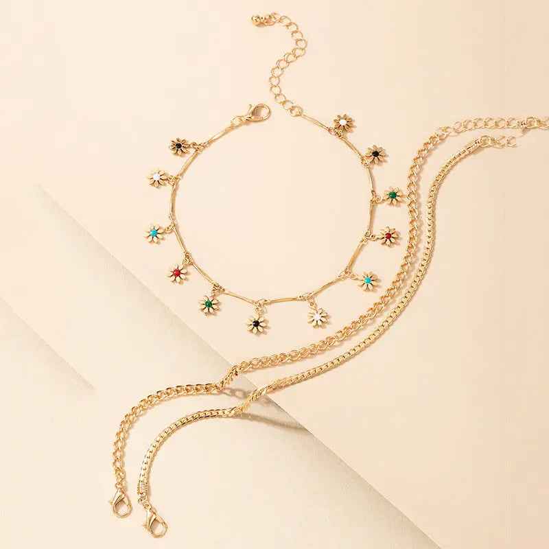 Simple Metal Flower Colorful Rose Pendant Tassel Anklet - Norellé