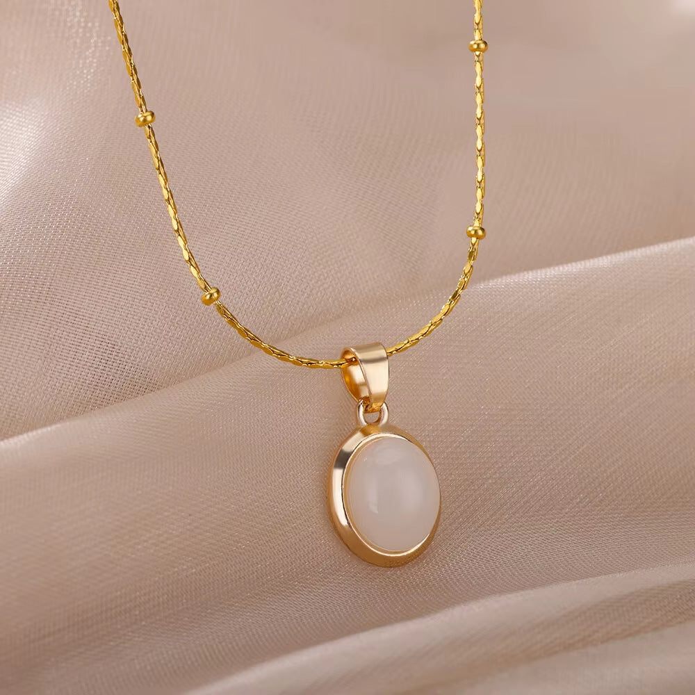 High-grade Oval Cat's Eye Pendant Titanium Steel Necklace - Norellé