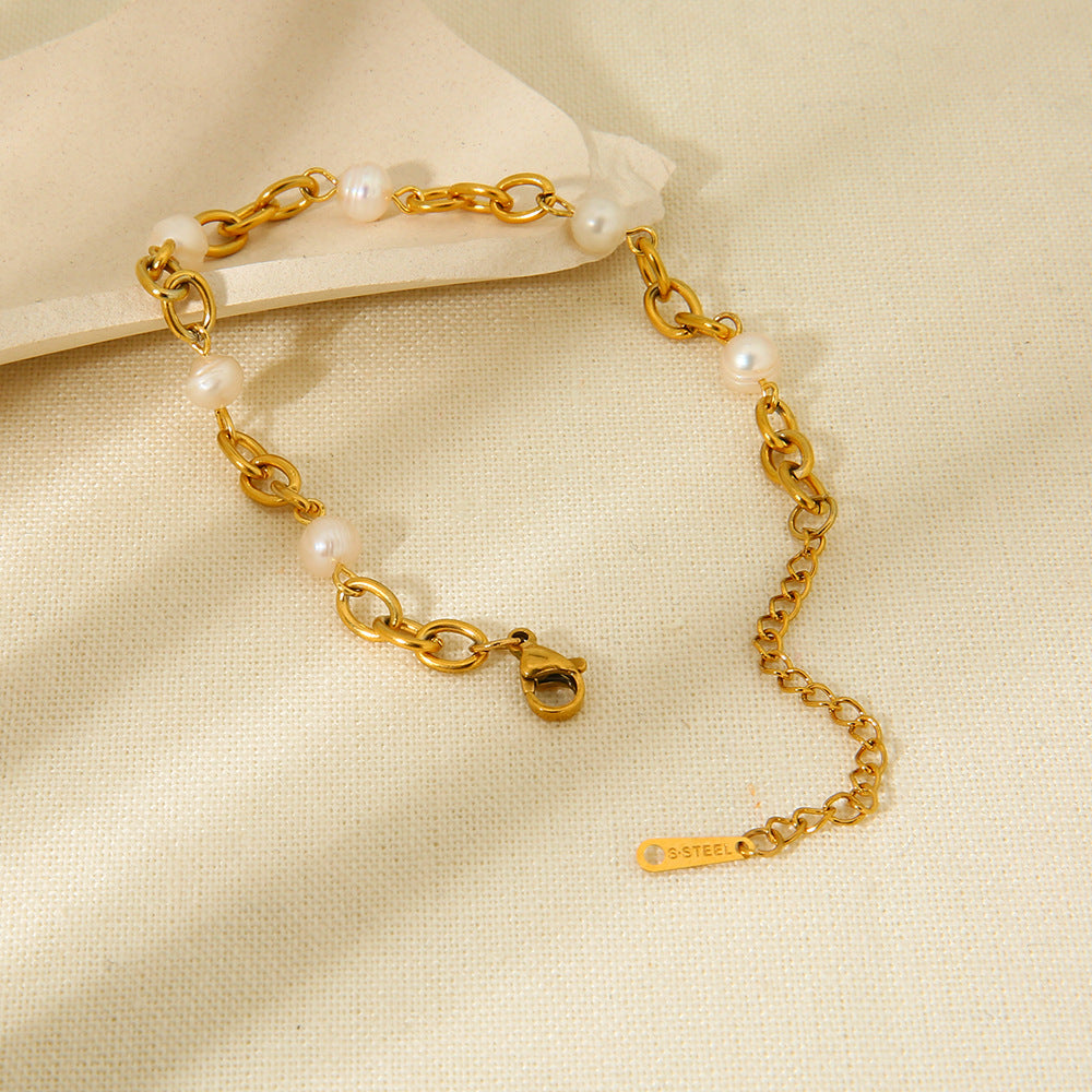 K Gold Stainless Steel Bracelet 6  Water Pearl Chain - Norellé