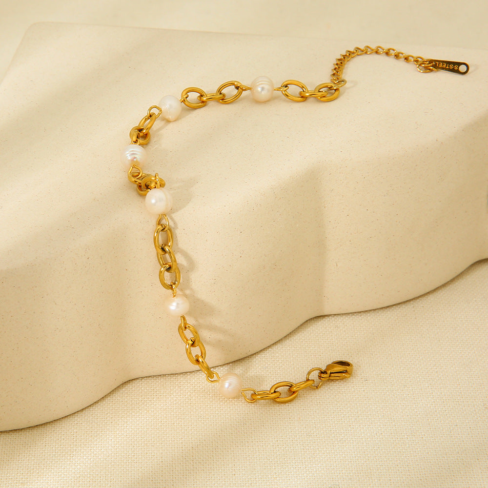 K Gold Stainless Steel Bracelet 6  Water Pearl Chain - Norellé