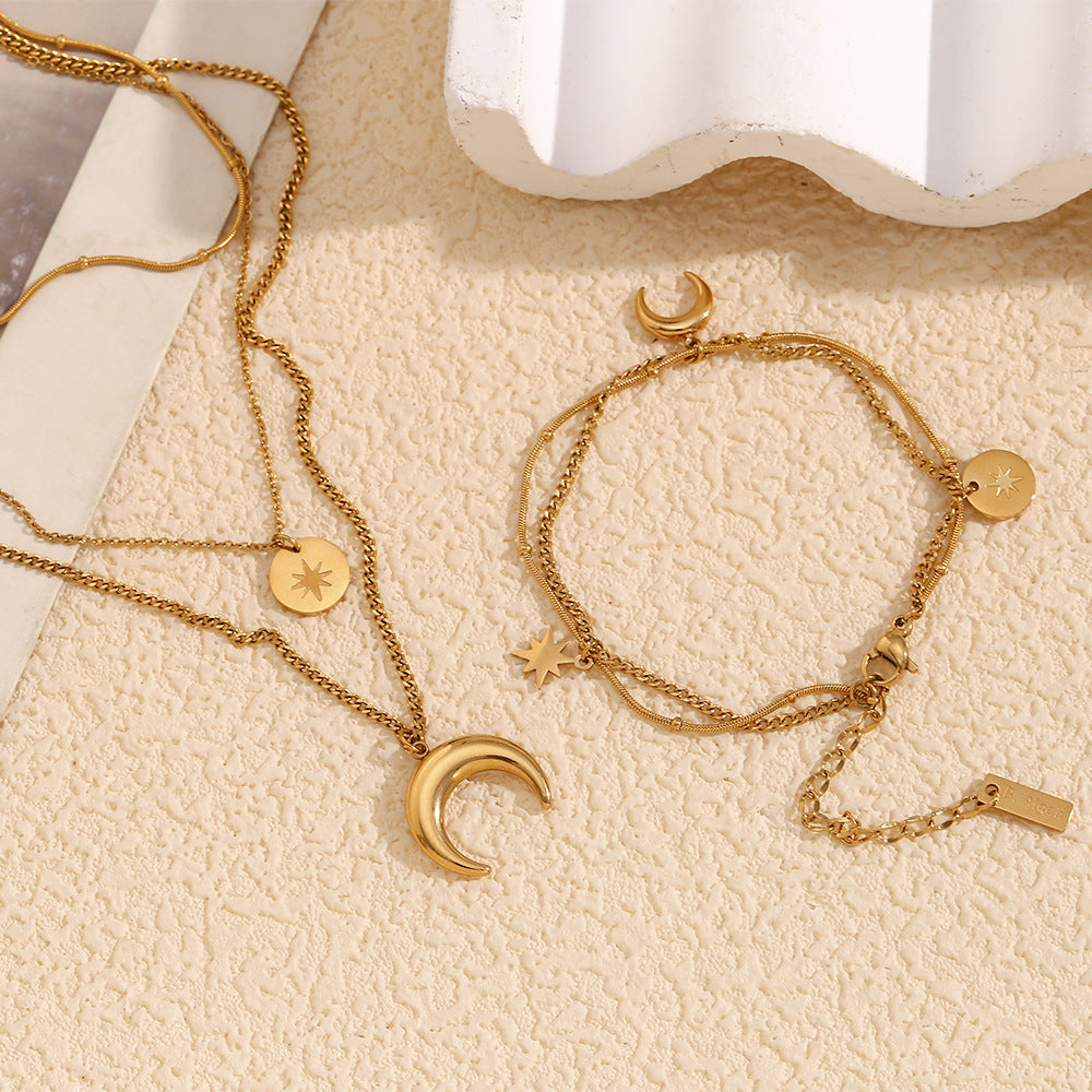 Vintage Necklace Stainless Steel Plated 18K Gold Moon Eight Awn Star Bracelet - Norellé