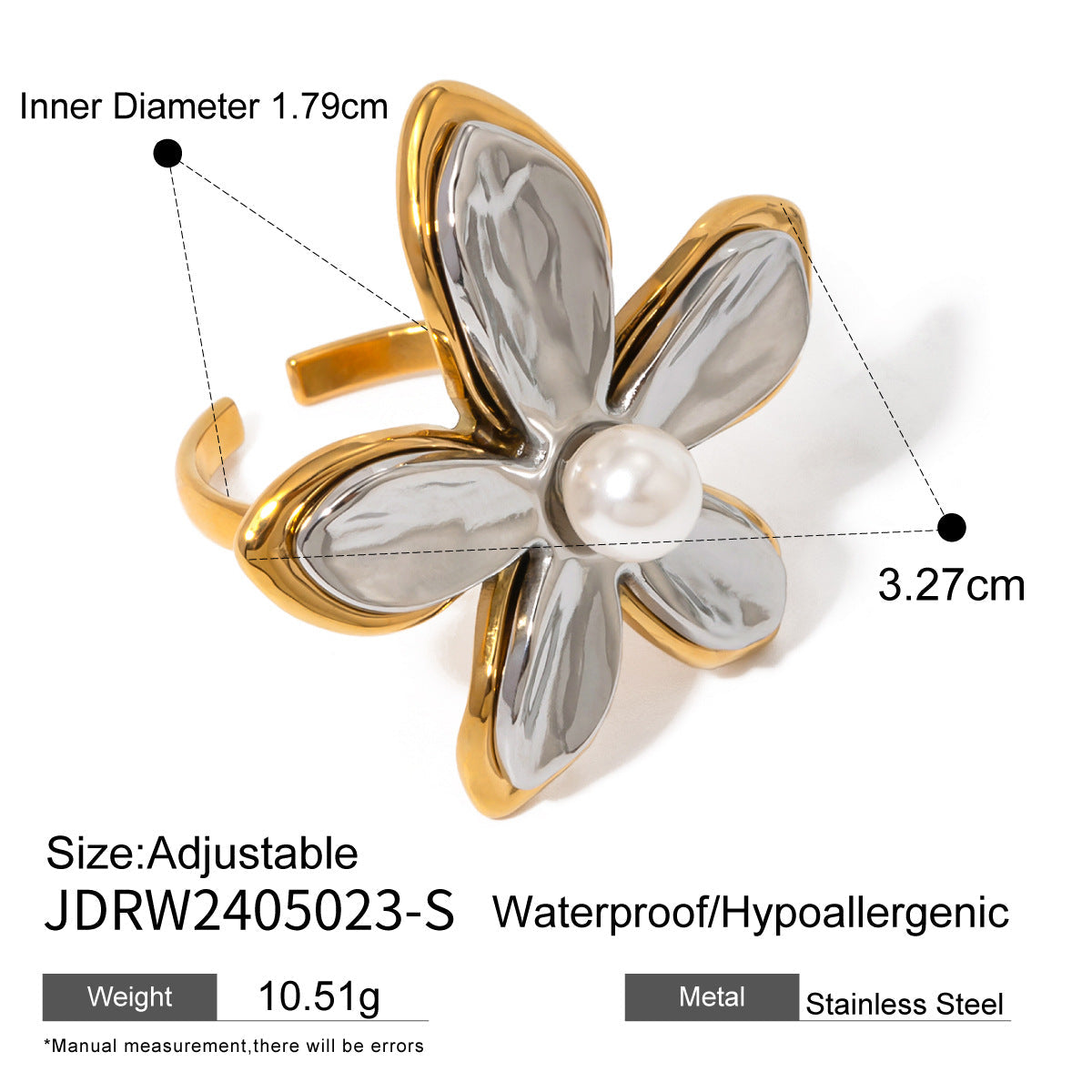 Stainless Steel Flower Pearl Ring Exaggerated High Sense - Norellé