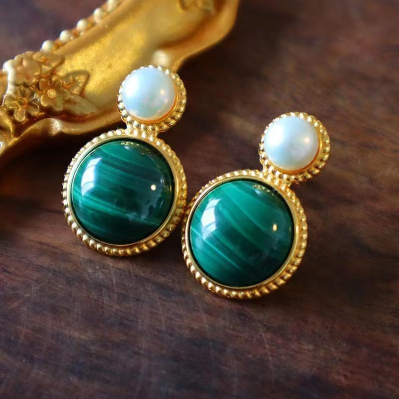 Green Malachite Pearl Stud Earrings For Women - Norellé