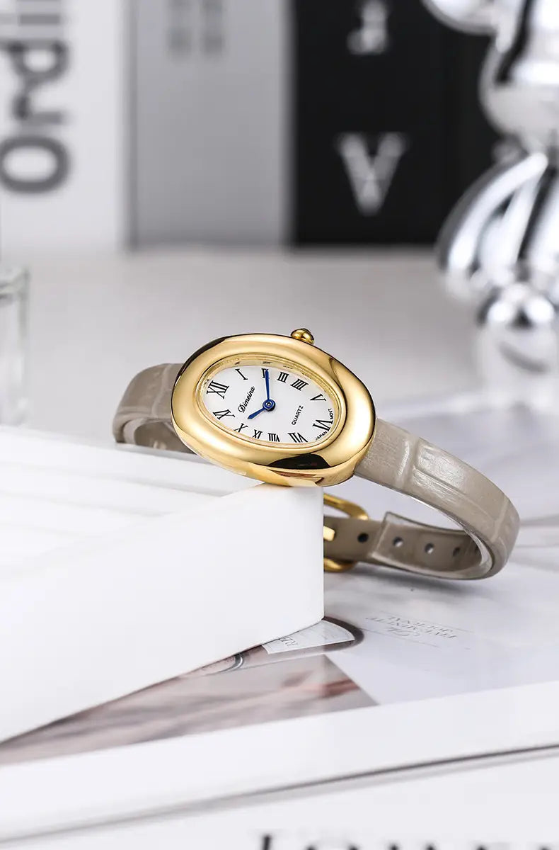 Women Quartz Watch Roman Numerals Vintage Simple Oval Clock Stainless Steel
