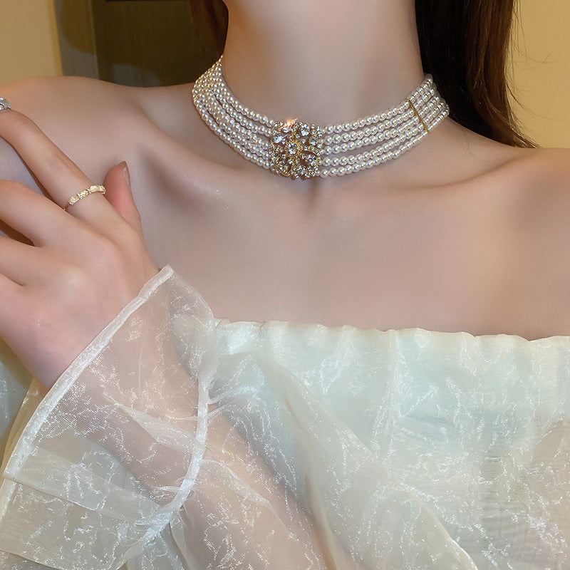 South Korea Diamond Studded Hollow Pearl Multi-layer Necklace Temperament - Norellé
