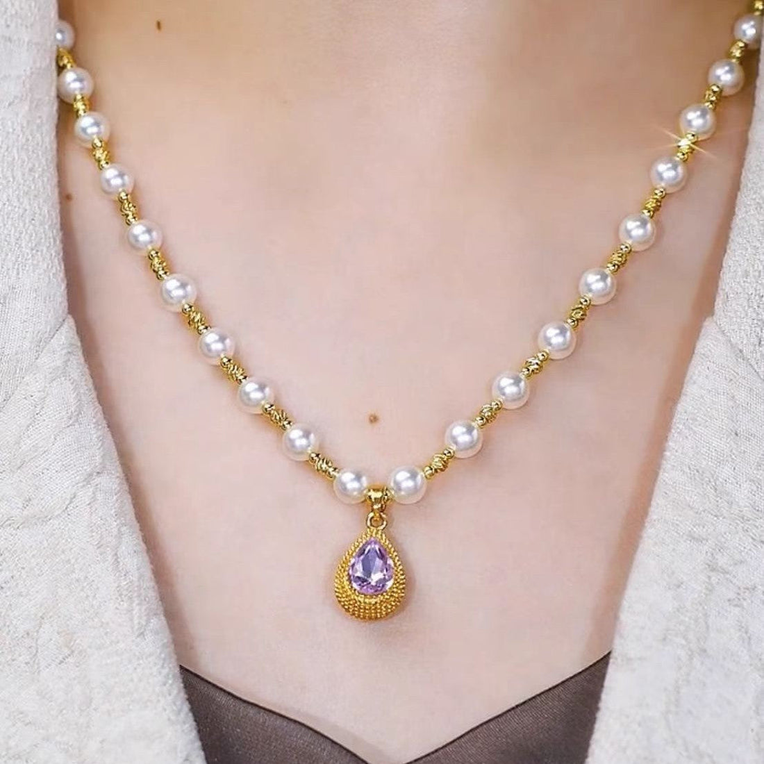 Purple Water Drop Pendant Pearl Necklace - Norellé
