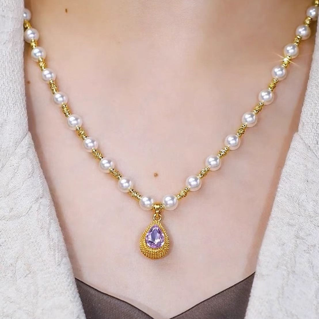 Purple Water Drop Pendant Pearl Necklace - Norellé