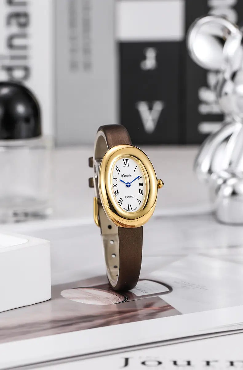 Women Quartz Watch Roman Numerals Vintage Simple Oval Clock Stainless Steel