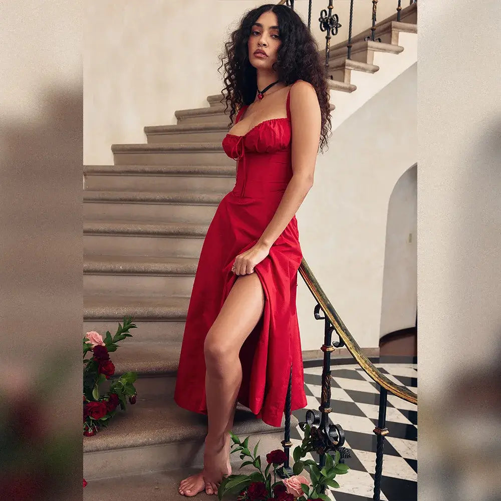 Summer Spaghetti Strap Midi Dress Elegant Long Lace Up