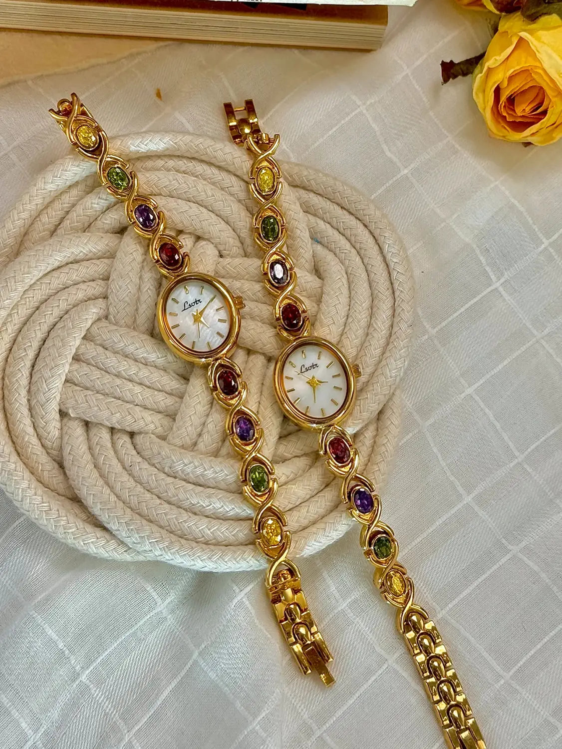 Colorfuled Tourmaline Gem Rhinestone Retro Elegant Fashion Women’s Watch Oval Mother-Of-Pearl Dial