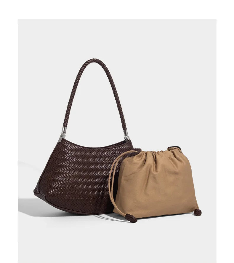 Handmade Weave PU Drawstring Tote Bags For Women