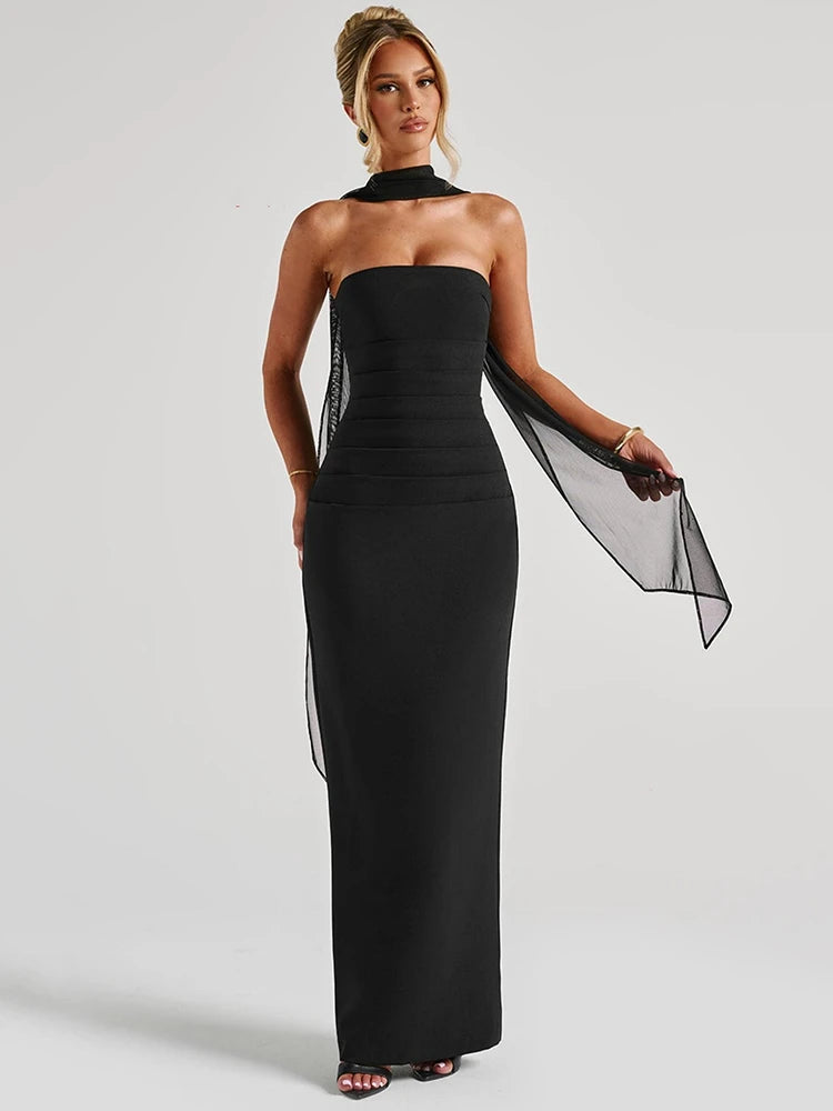 Scarf Collar Strapless Maxi Dress For Women - Norellé