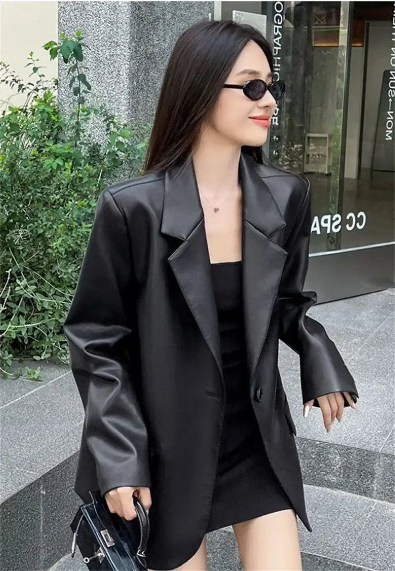 Women Black Soft PU Leather Blazer