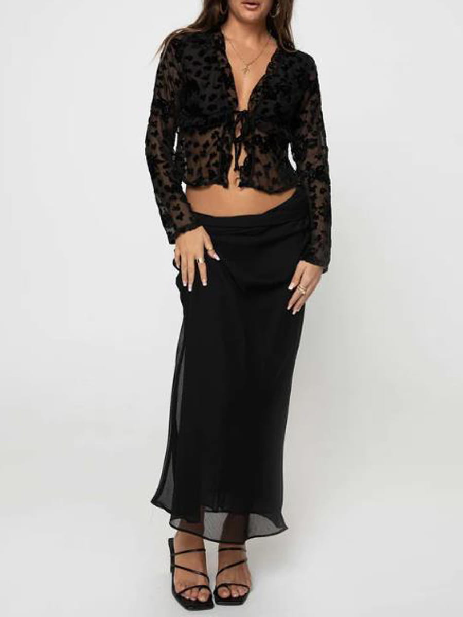 Shirt For Women Elegant Long Sleeve Tie-Up Lace Top