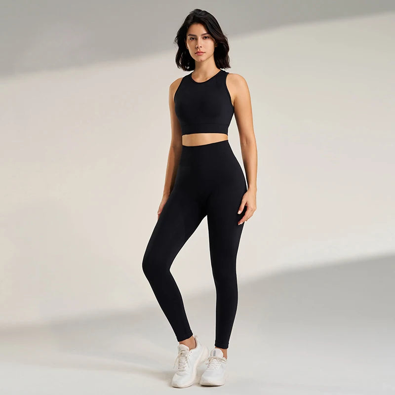 Dame Yogadrakt Ensfarget Sportsklær Tight Top Leggings Tank Top Lange Bukser Sett 