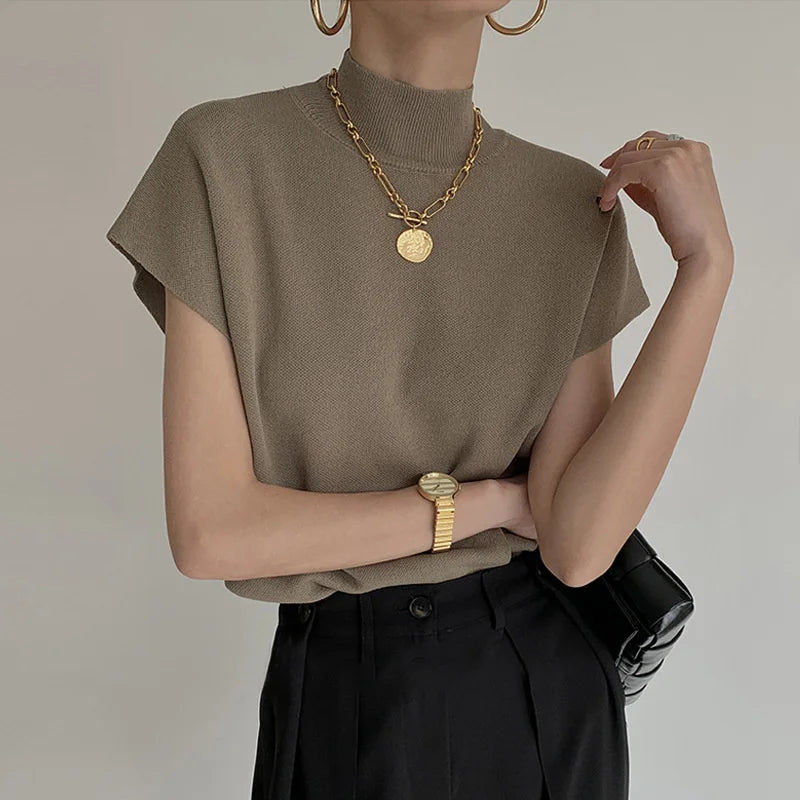 Vest Shirt Solid Stand-up Collar Knitted Sweater Short Sleeve - Norellé