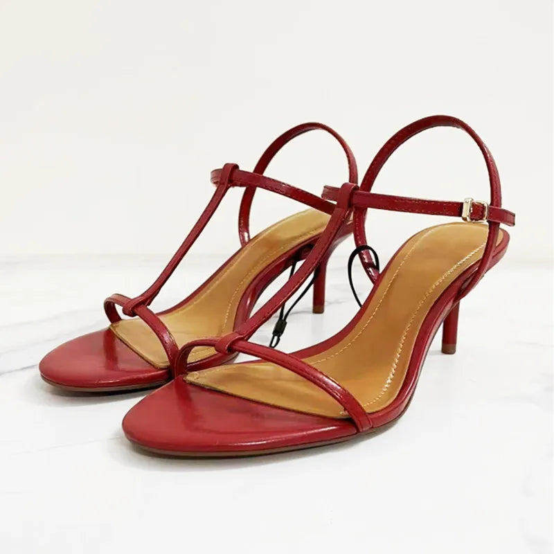 Elegant Red Ankle-Wrap Narrow Buckle Thin Heeled Sandals