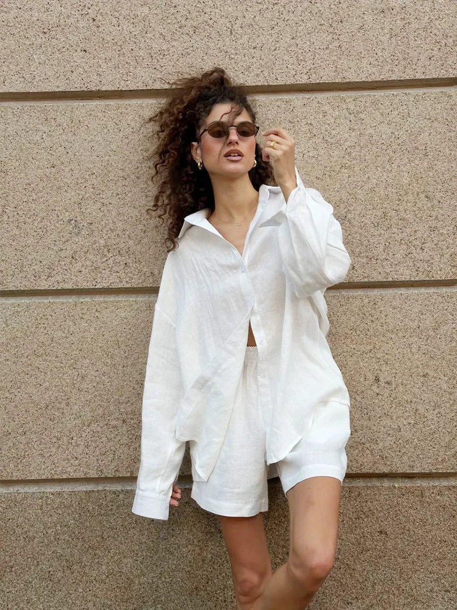 Women's Casual Shorts Sets 100% Cotton Solid Color Cozy Lapel - Norellé