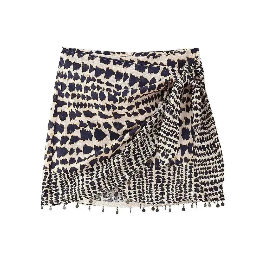 Women Vintage Geometric Print Knotted Mini Skirt