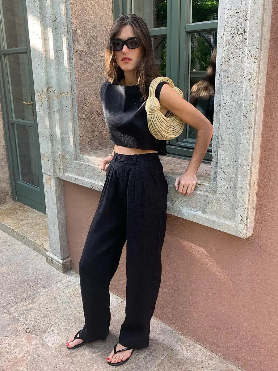 Cotton Linen Vest Pants Set Women