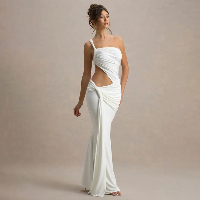 Women’S Solid Color One Shoulder Hollow Out Backless Dress