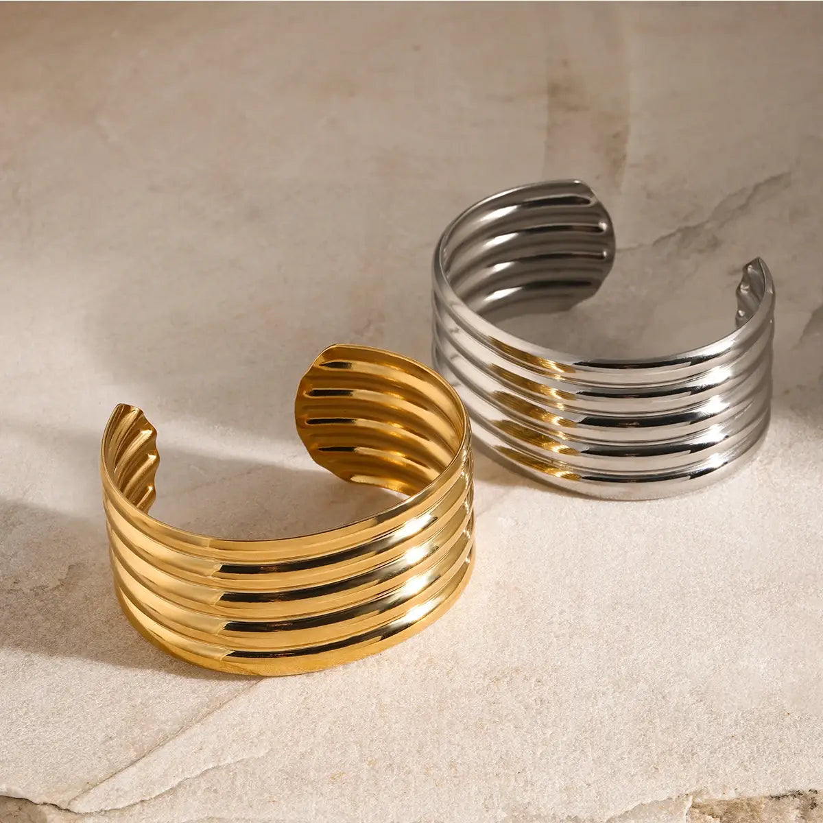 Stainless Steel Metal Ribbed Bangle Waterproof