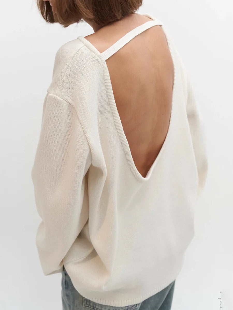 Backless O-neck Cotton Knit Sweater