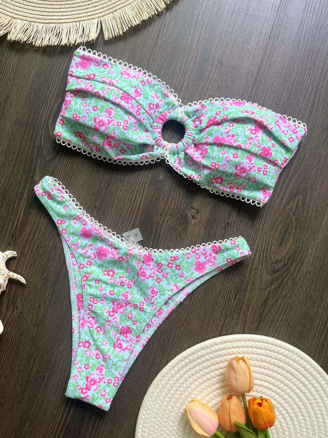 Floral Flowers Bandeau High Leg Cut Bikini Women - Norellé