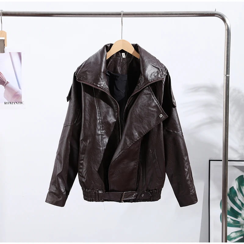 Retro PU Leather Stand Collar Jacket Women