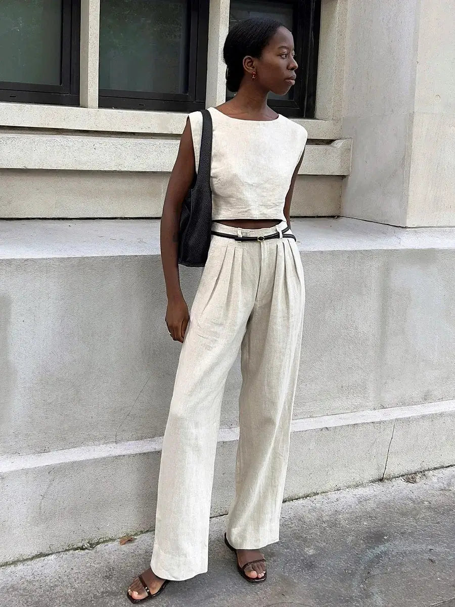 Cotton Linen Vest Pants Set Women