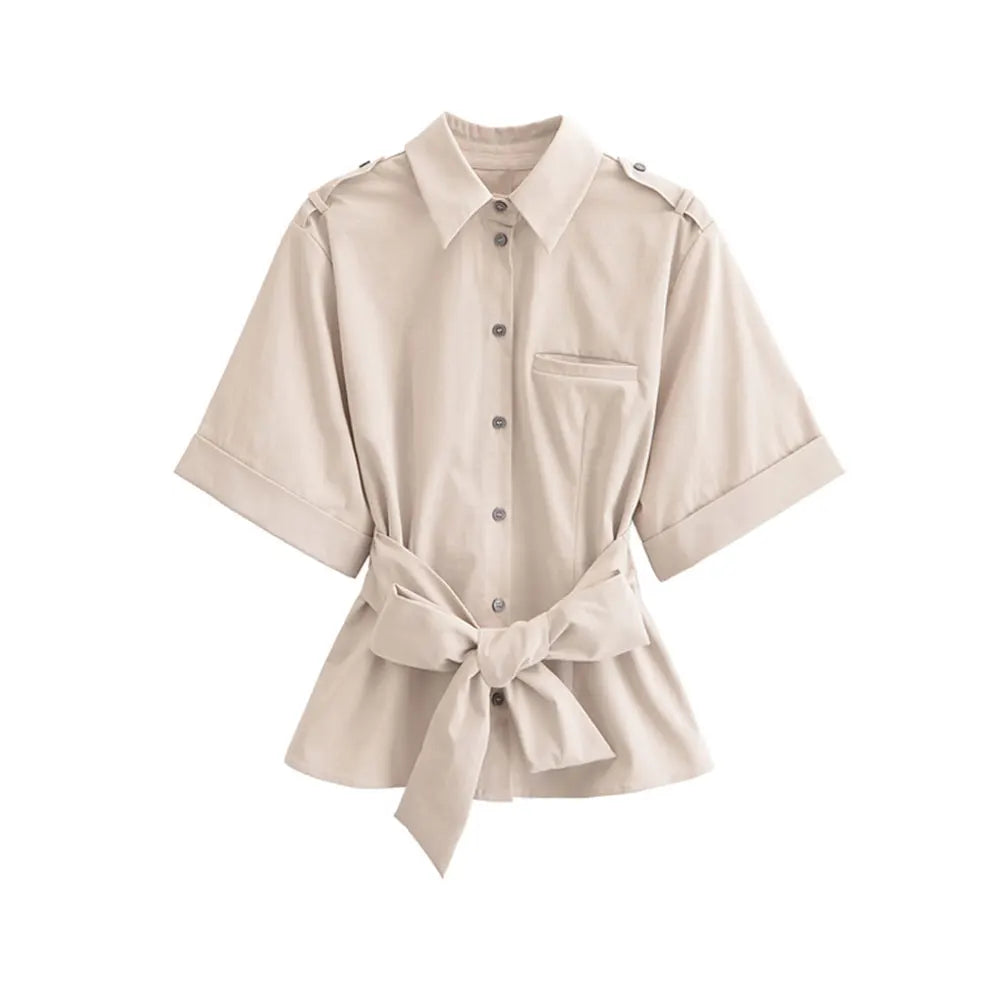 Women’s Fashion Belted Front Button Shirt