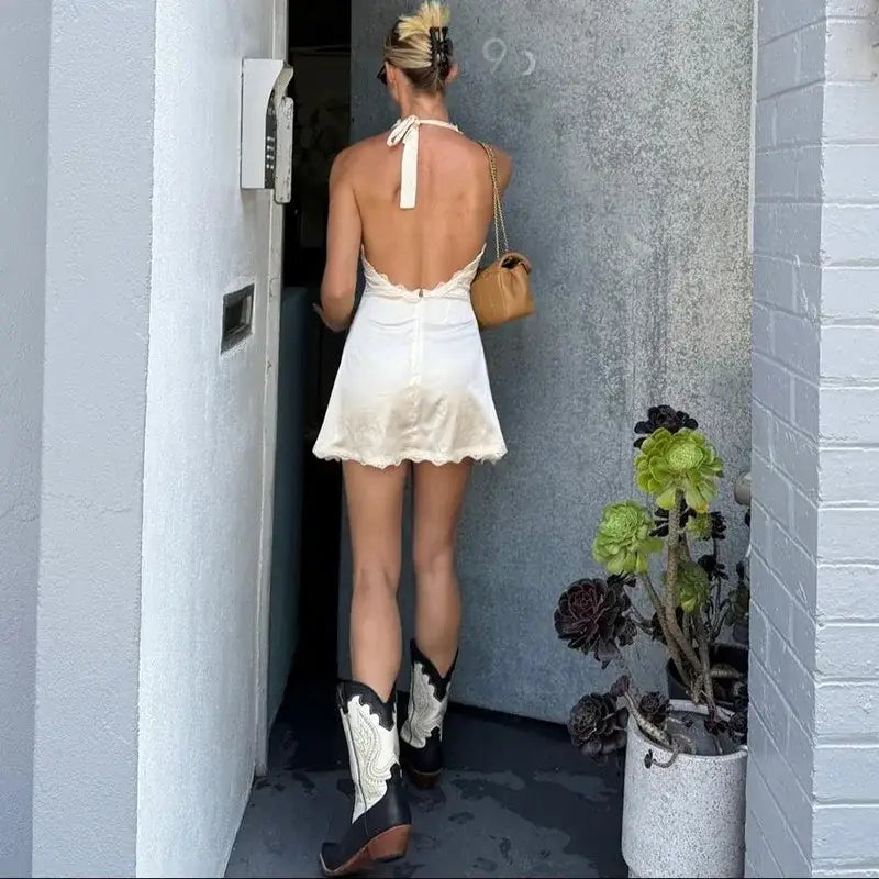 Lace Halter Mini Dress For Women V neck Sleeveless Elegant Splice Up