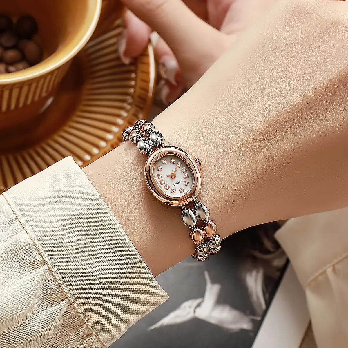 Stylish Oval Diamond Dot Dial Quartz Watch