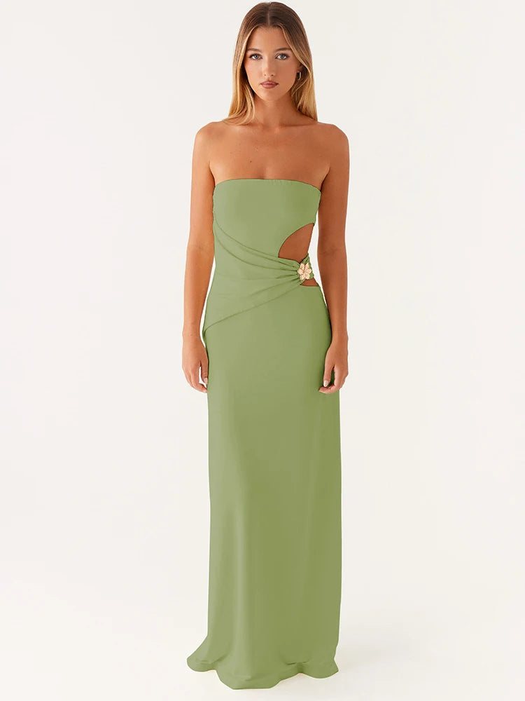 Hollow Out Off-shoulder Maxi Dress Women Fashion Metal Flower Strapless Sleeveless Backless - Norellé