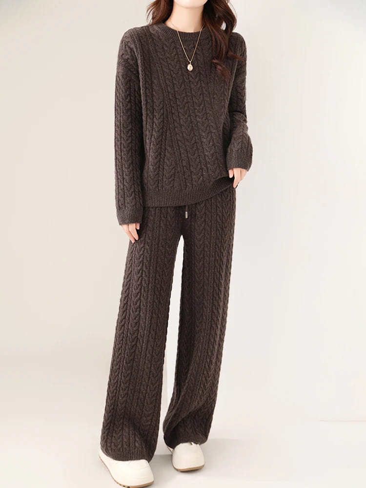 100% Wool Suit Women’s Pullover Sweater Knitting O-neck Wide Leg Pant