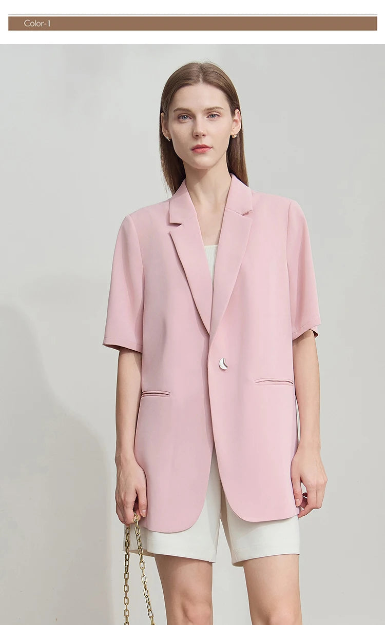 Lapel Contrast Material Patchwork One Button Short Sleeve Blazer