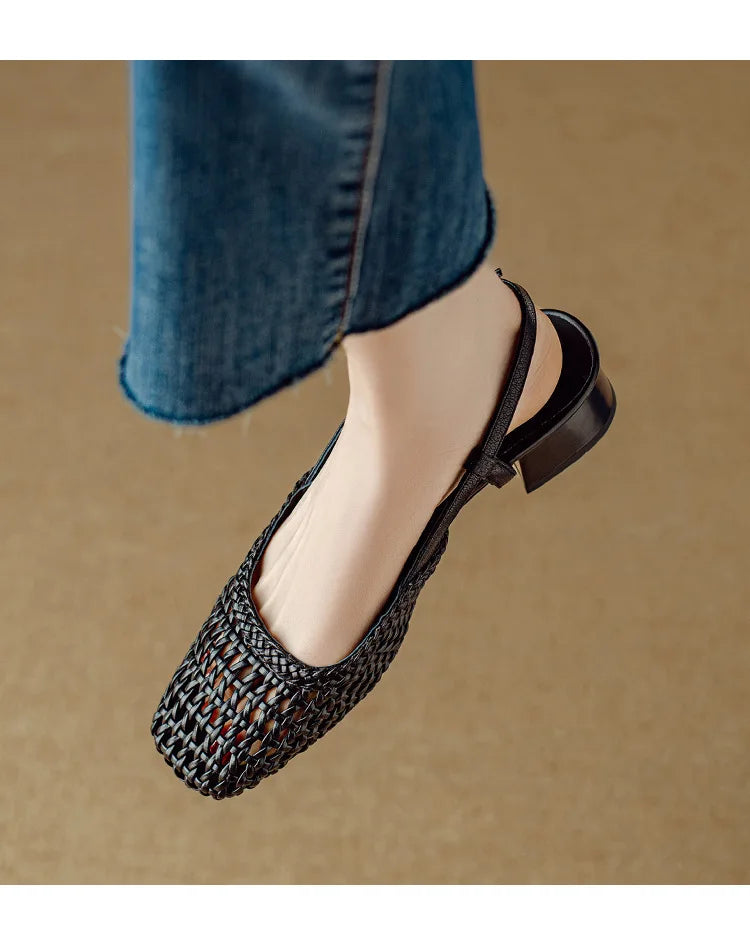 French Square-toed Woven High-heeled Sandals