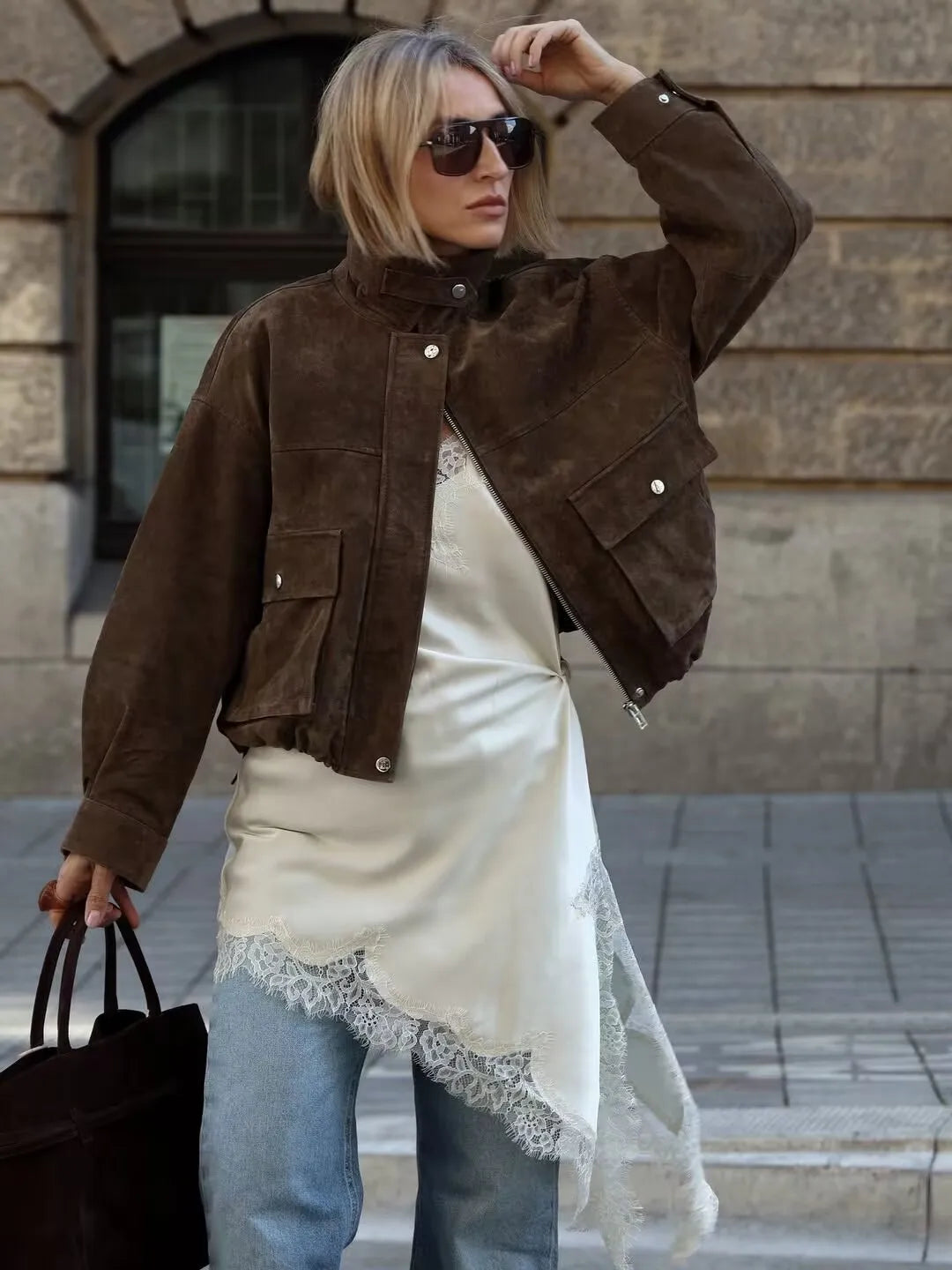 Women Front Patch Pockets Faux Leather Bomber Jacket