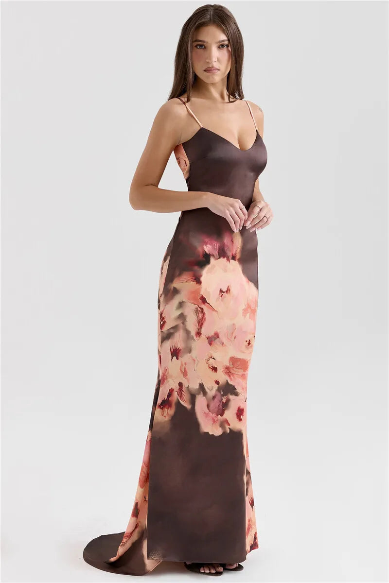 Satin Floral Print Maxi Dress Women
