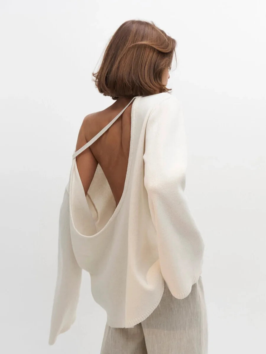 Backless O-neck Cotton Knit Sweater
