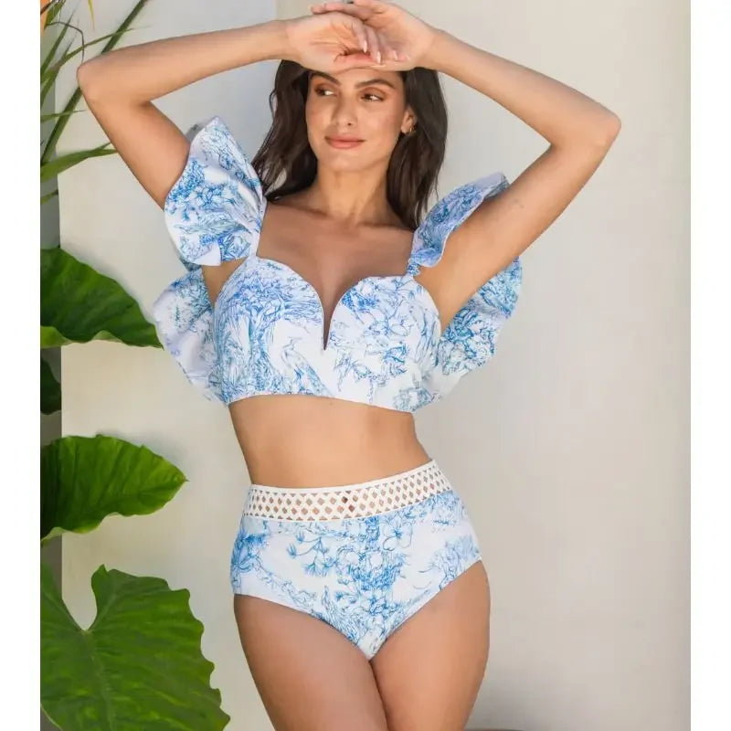 Print Net Yarn Splicing Bikini Swimsuit and Tiered Skirt - Norellé