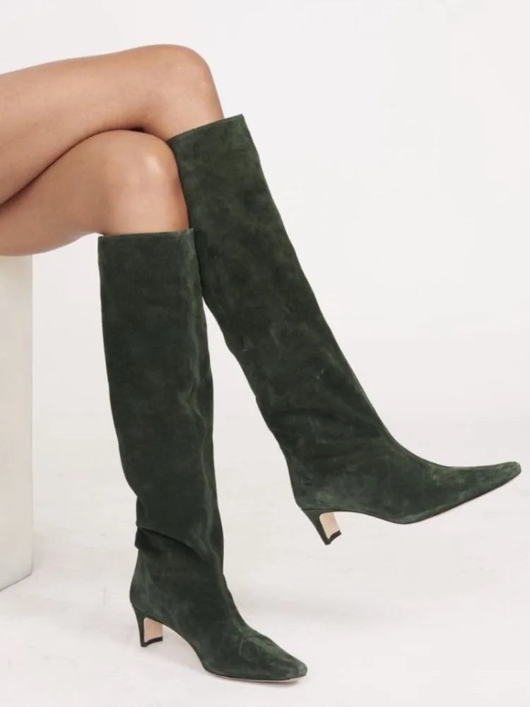 Autumn Winter Square Toe Low Heeled Suede Long Boots